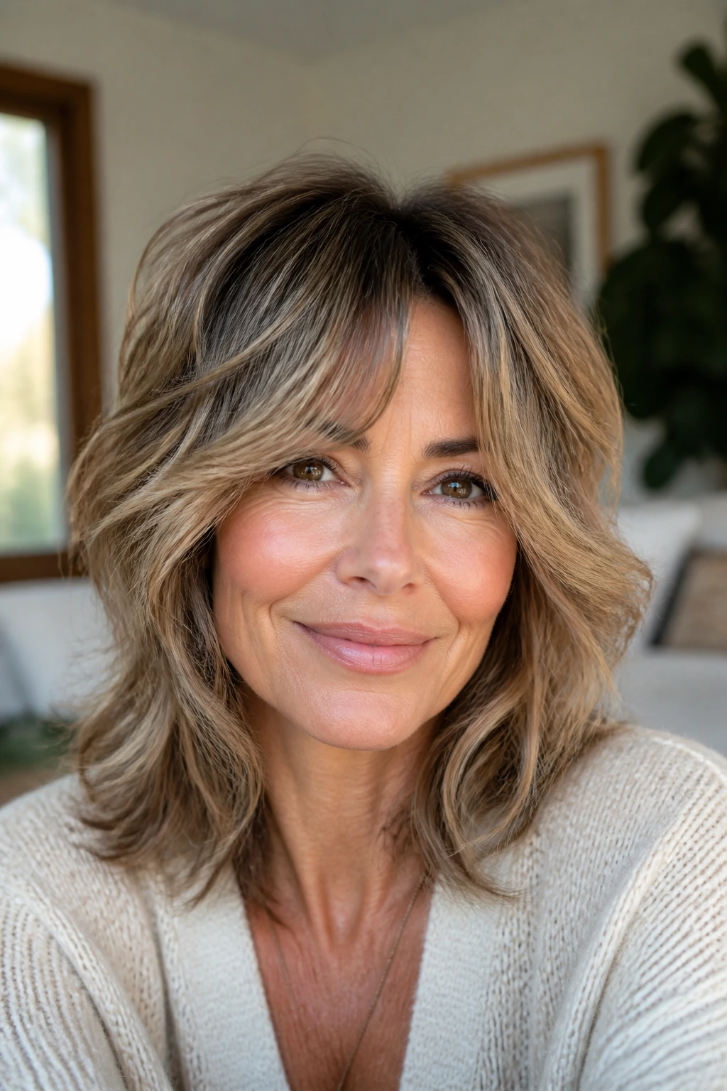 Close-up of a real woman with wavy shag and curtain bangs starting at cheekbone