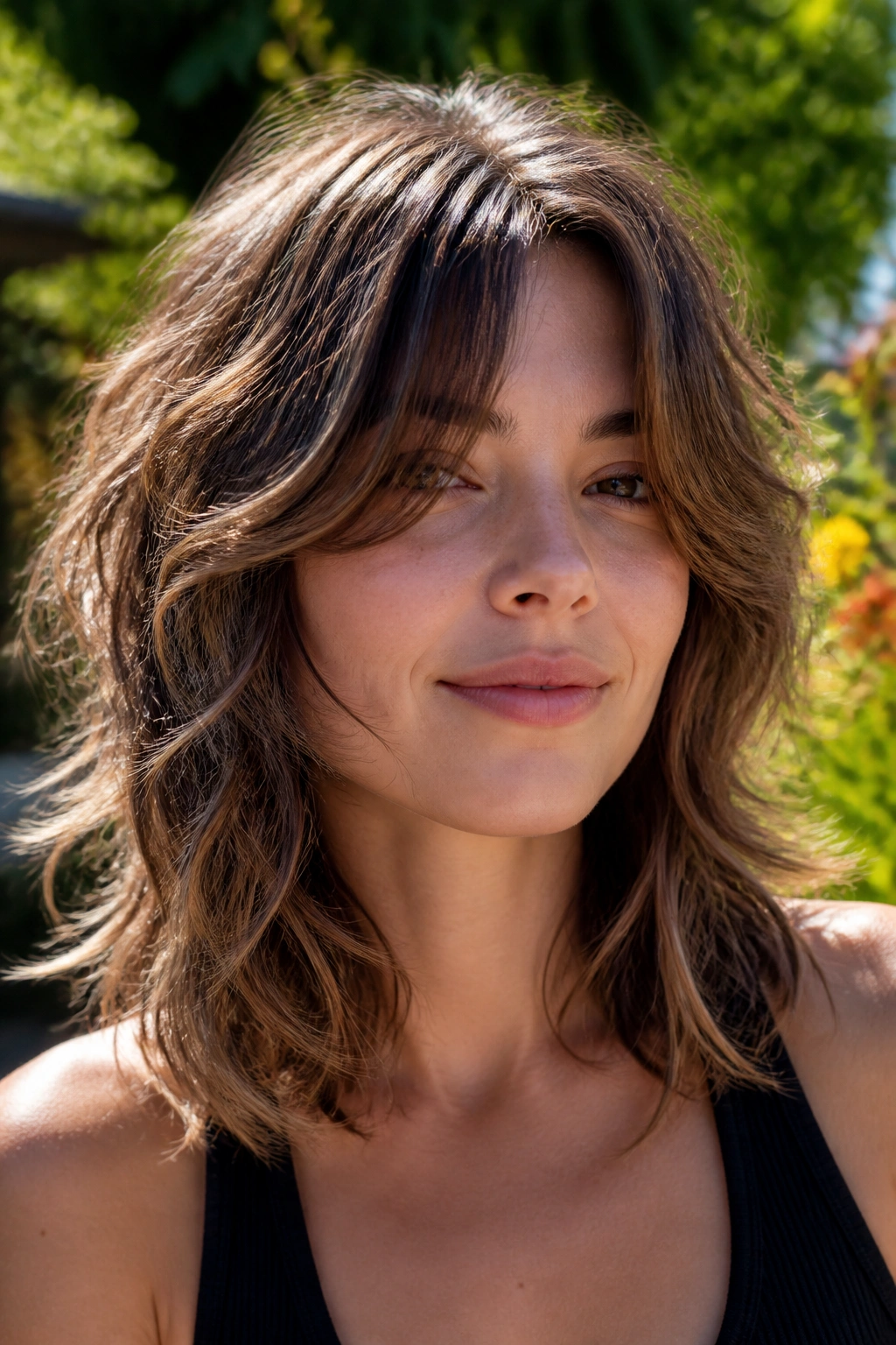 Portrait of a woman with wavy shag and long curtain bangs