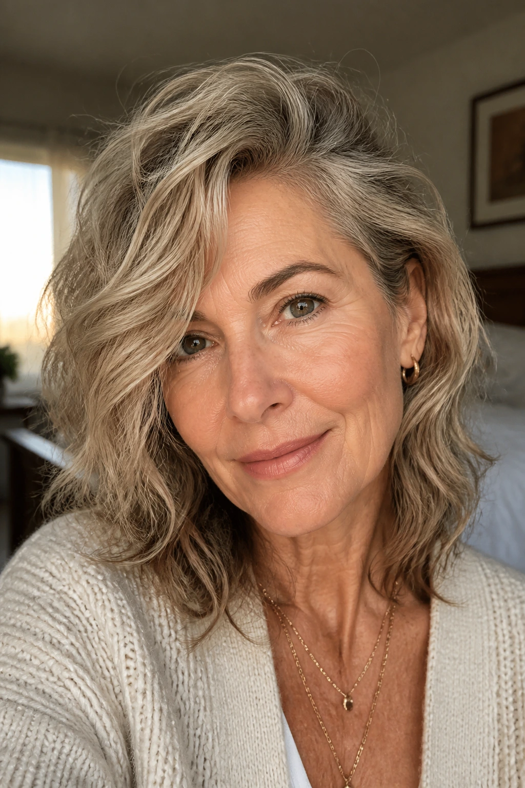 Close-up of a woman with a deep side-parted wavy shag in a sunlit bedroom.