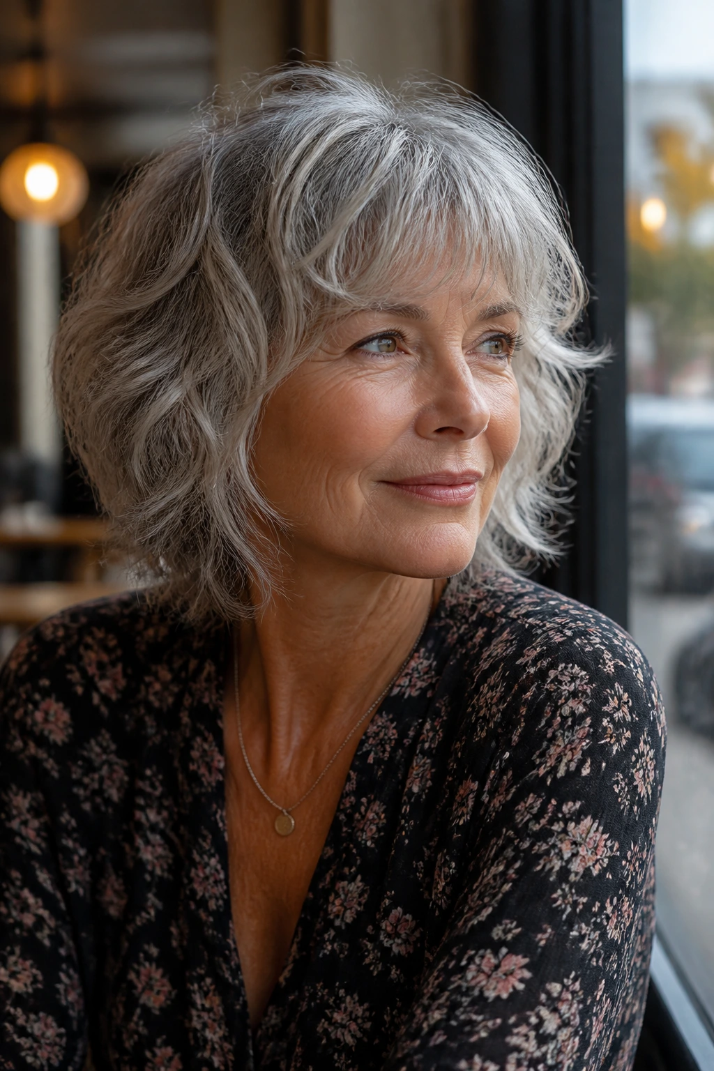 Close-up portrait of a real woman with a wavy shag hairstyle
