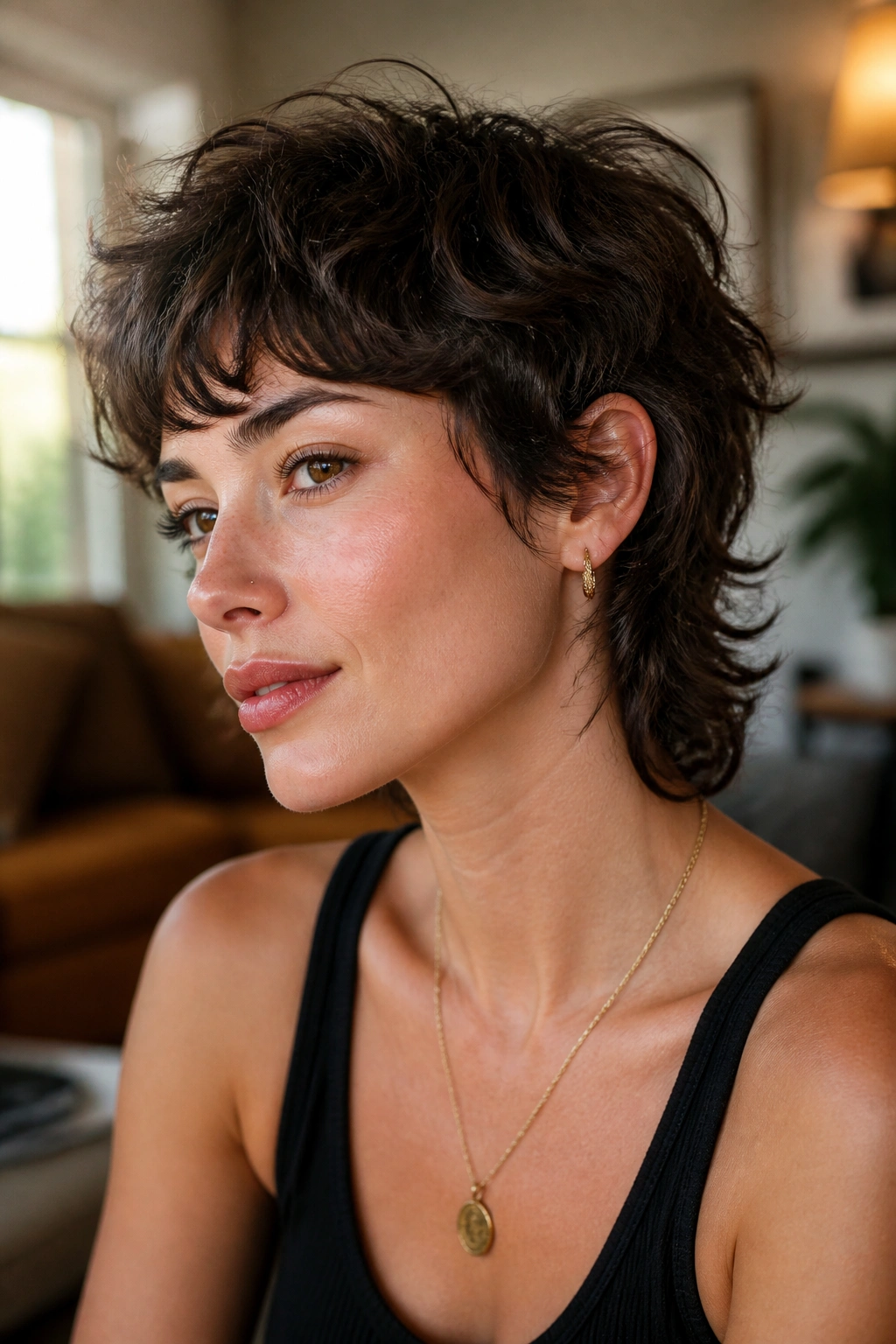Close-up of a real woman with a wavy shag pixie mullet under warm window light