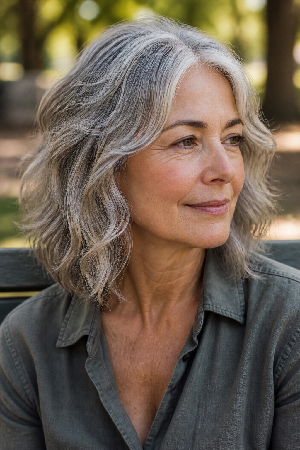 Close-up portrait of a real woman with a wavy shoulder-cut and loose finish.