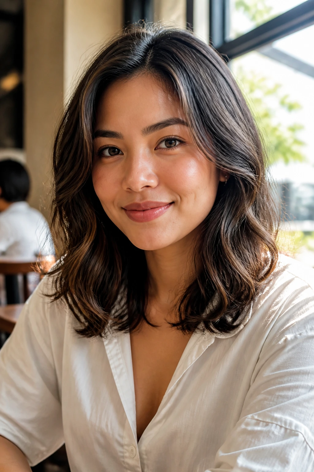 Close-up portrait of a woman with shoulder-length wavy hair