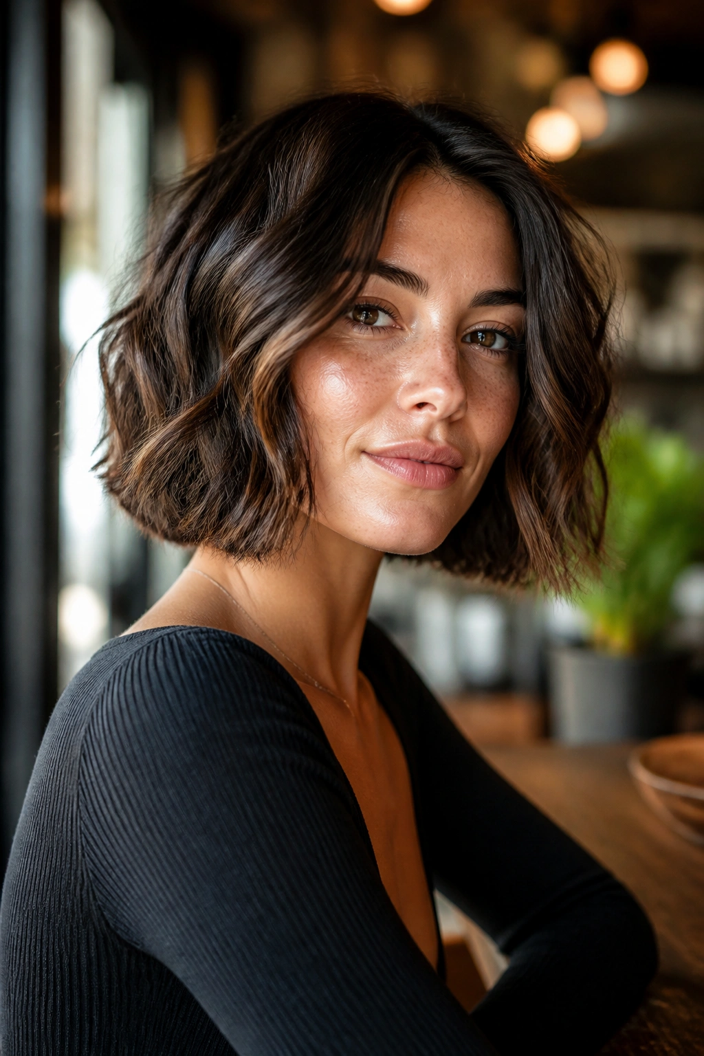 Wavy square bob with soft controlled movement on a real woman