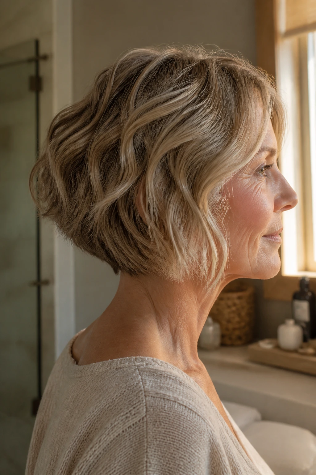 Close-up portrait of a woman with a wavy stacked bob and air-dried texture