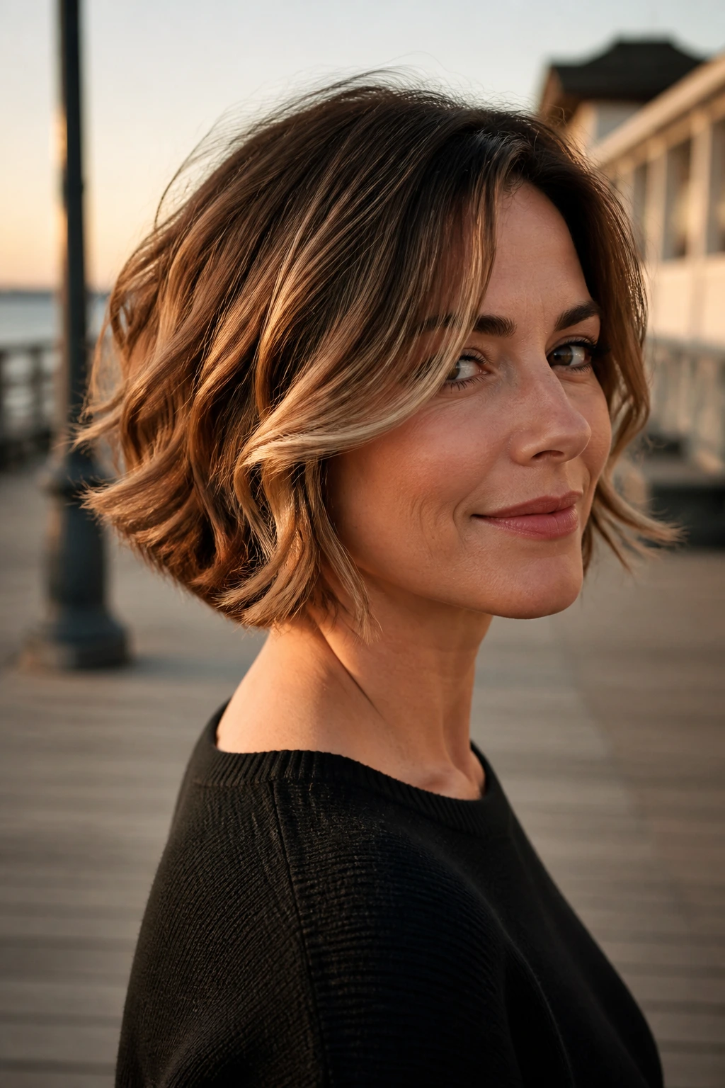 Close-up of a woman with a wavy stacked bob and swoopy ends on a boardwalk at sunset