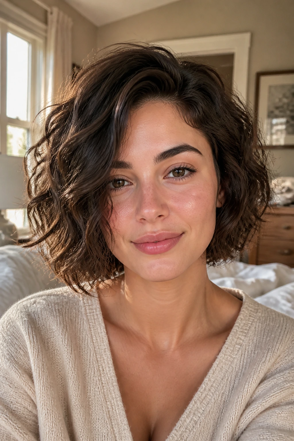 Close-up of a real woman with a thick wavy tousled bob in warm window light