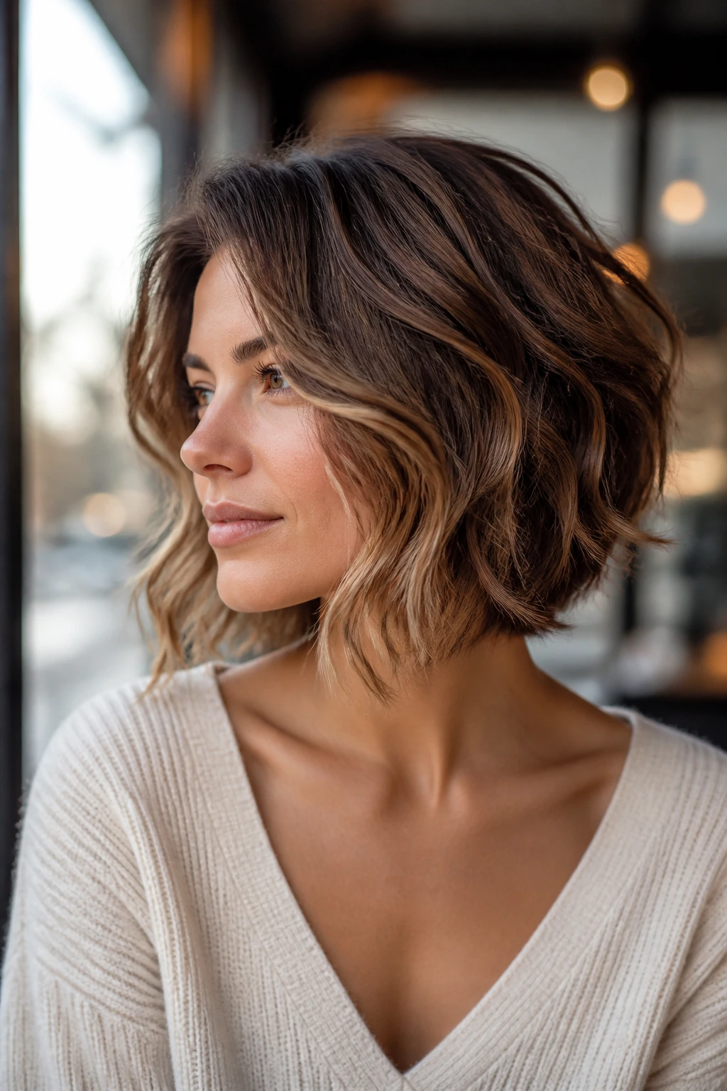 Real woman with wavy tousled stack hairstyle in sunlit cafe setting
