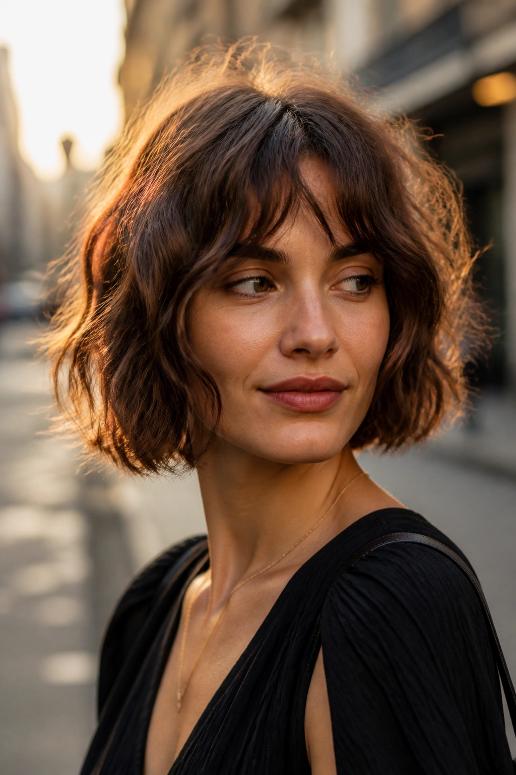 Close-up portrait of a real woman with a wavy undone French bob outdoors at golden hour