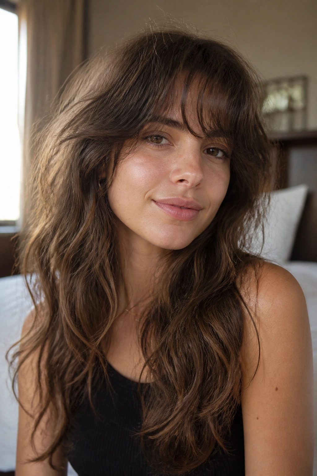 Close-up of a real woman with wavy wispy bangs and textured long hair in warm bedroom light