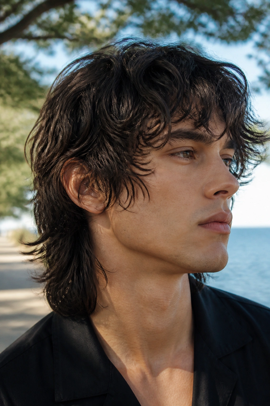 Close-up portrait of real person with wavy air-dried wolf cut mullet in sunny park