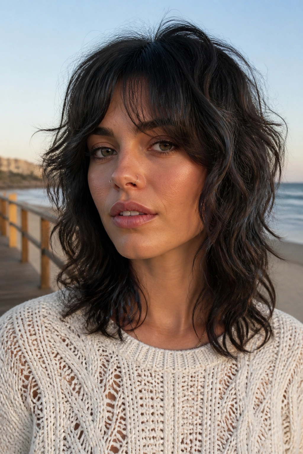 Real person with a wavy wolf cut and air-dried texture on a seaside boardwalk at golden hour.