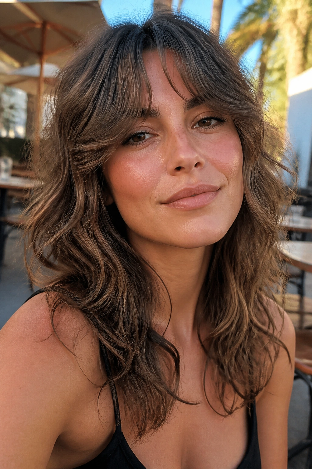 Real woman with wavy wolf cut and beachy curtain bangs outdoors in sunlight