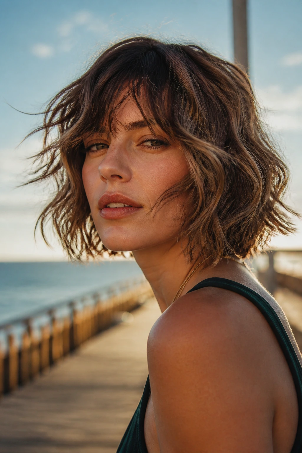 Close-up portrait of a real person with wavy wolf cut bob and beachy bend