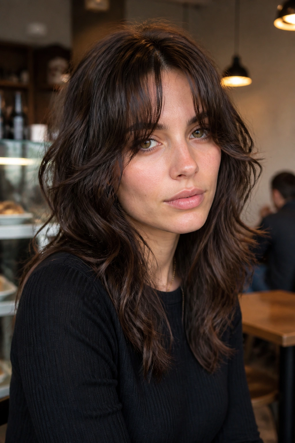 Close-up of a real person with wavy wolf cut and bottleneck bangs in cafe lighting