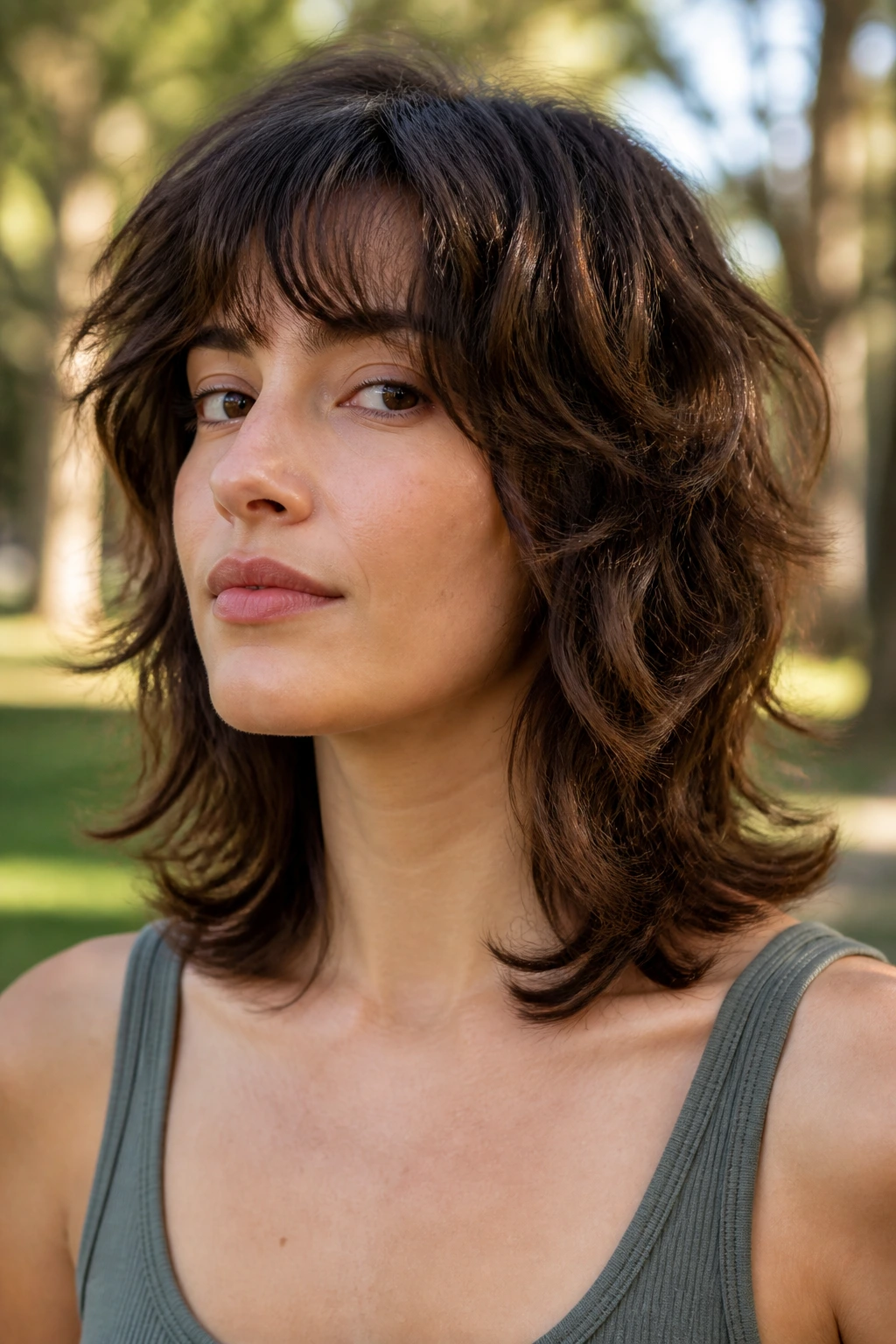 Portrait of a real person with a wavy wolf cut featuring collarbone-length flicks, outdoors in warm daylight.