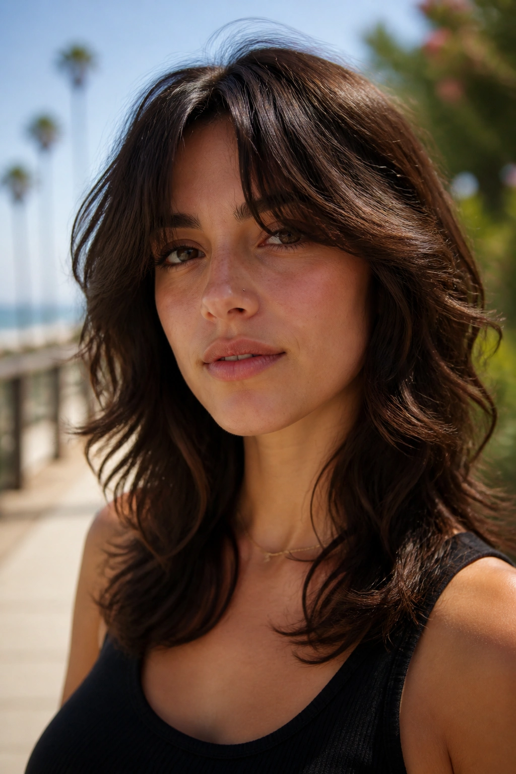 Real person with wavy wolf cut and parted curtain bangs in natural light