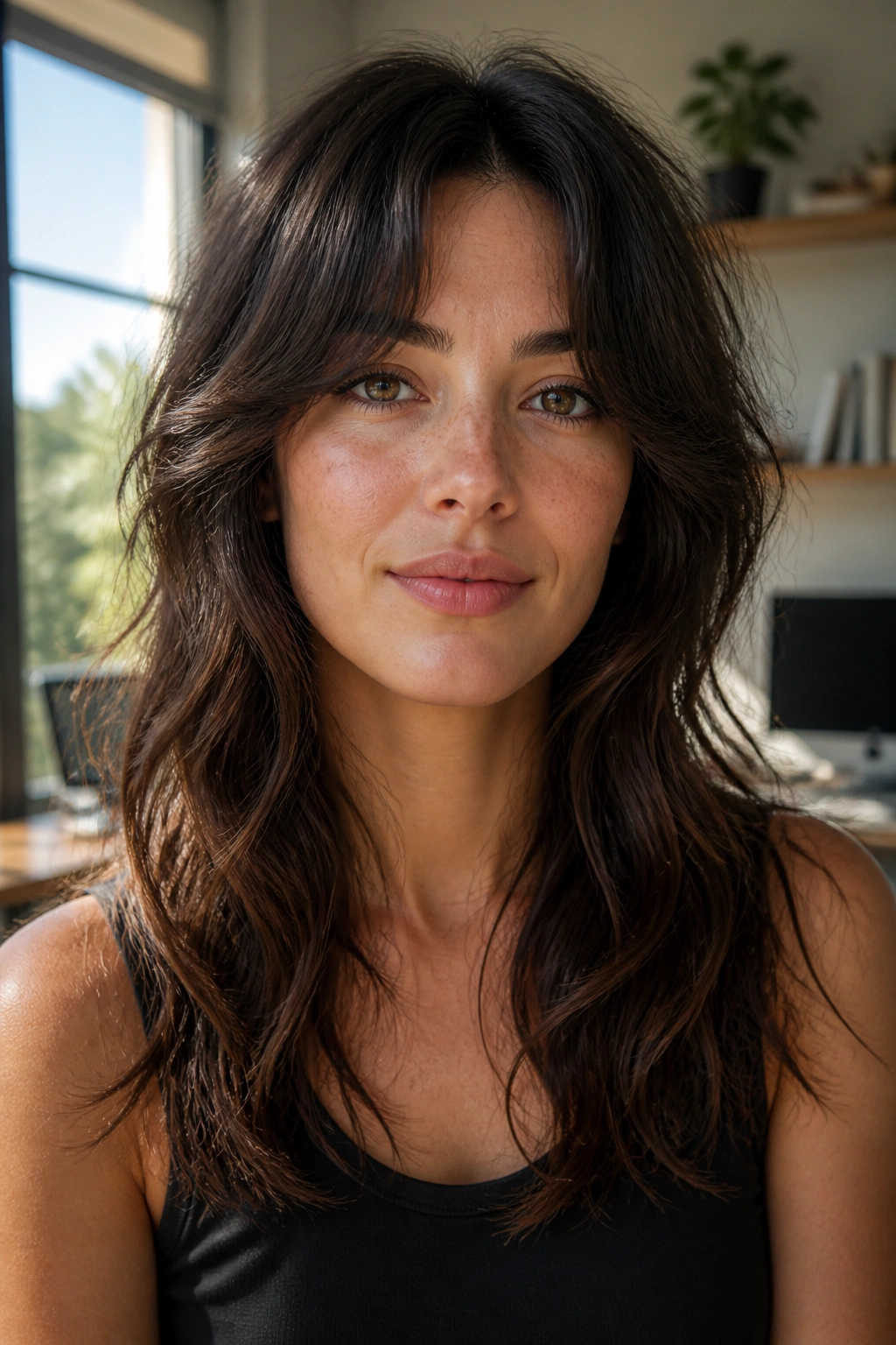 Close-up portrait of a real woman with a wavy wolf cut showing invisible layers