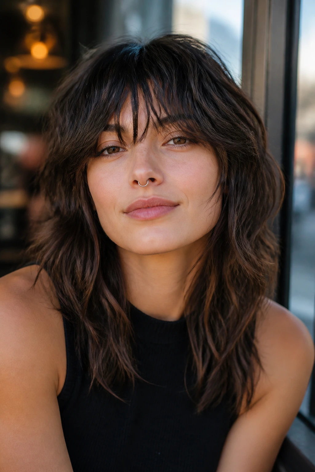 Close-up portrait of a real woman with wavy hair and long fringe in natural light