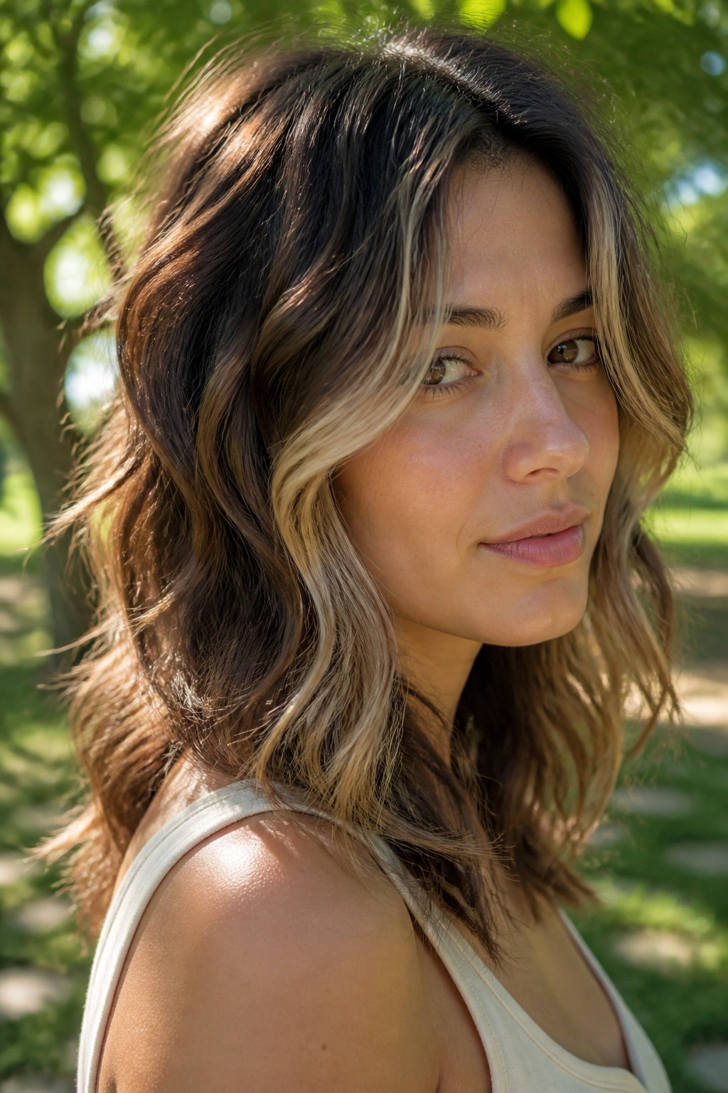 Close-up of a real woman with wavy wolf cut and money pieces in sunlit setting