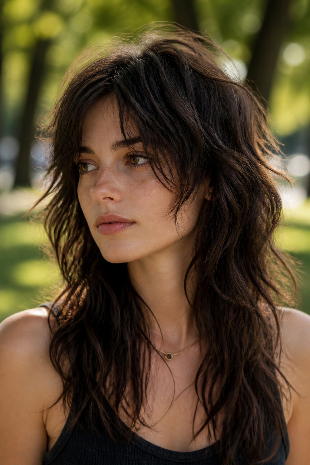 Close-up of a real woman with wavy long wolf cut and air-dried texture.