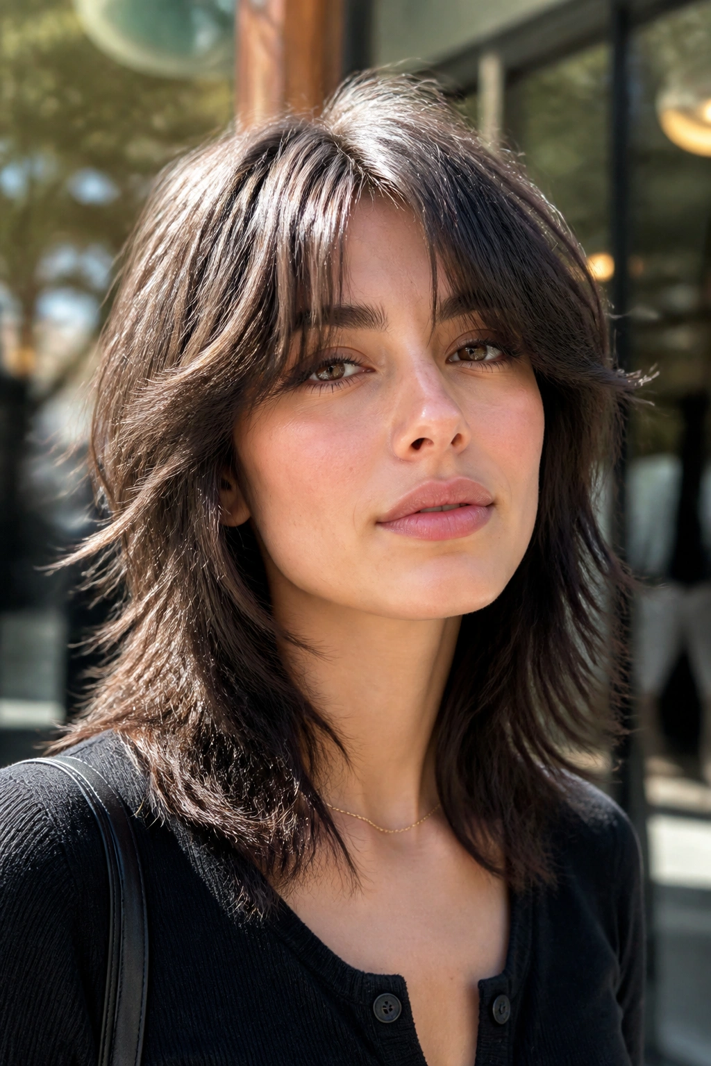 Close-up portrait of a real person with wearable wolf cut curtain bangs