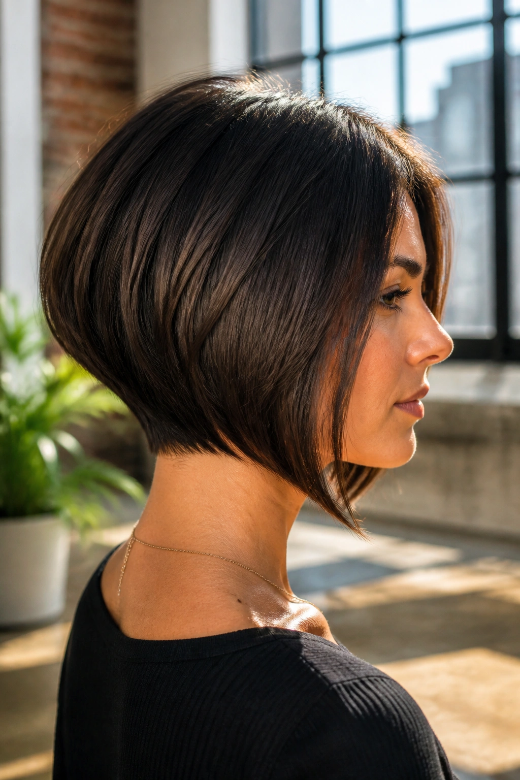 Profile of a woman with wedge bob showing back angle and forward-sloping sides