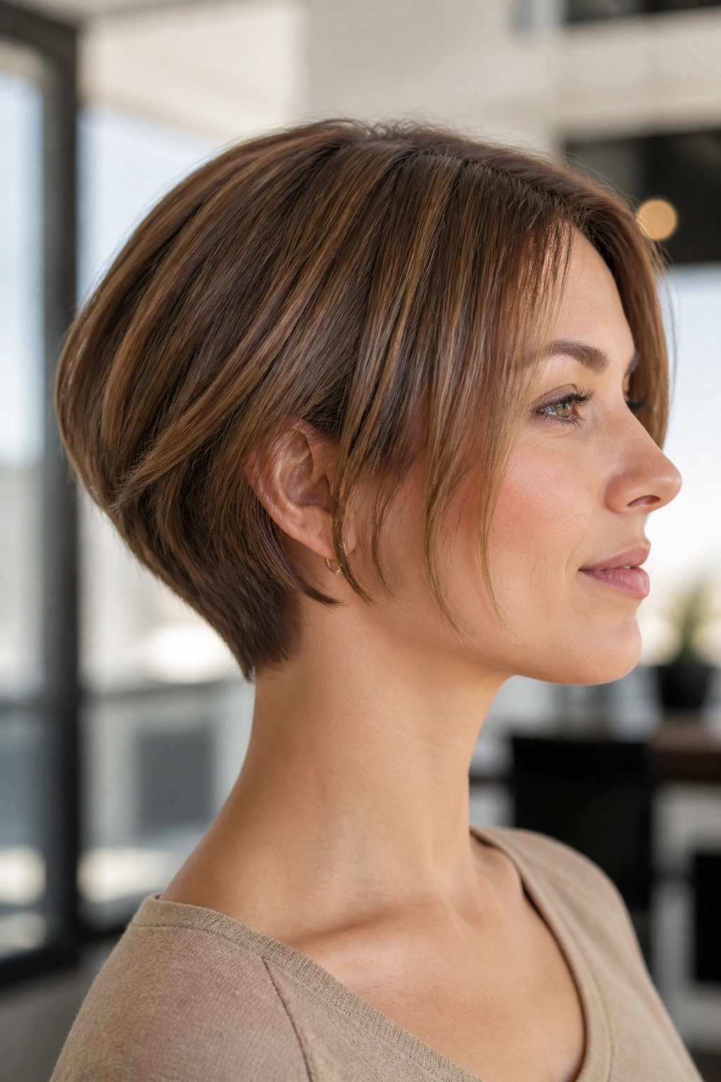 Close-up portrait of a real woman with a wedge bob showing the hairstyle's geometry.
