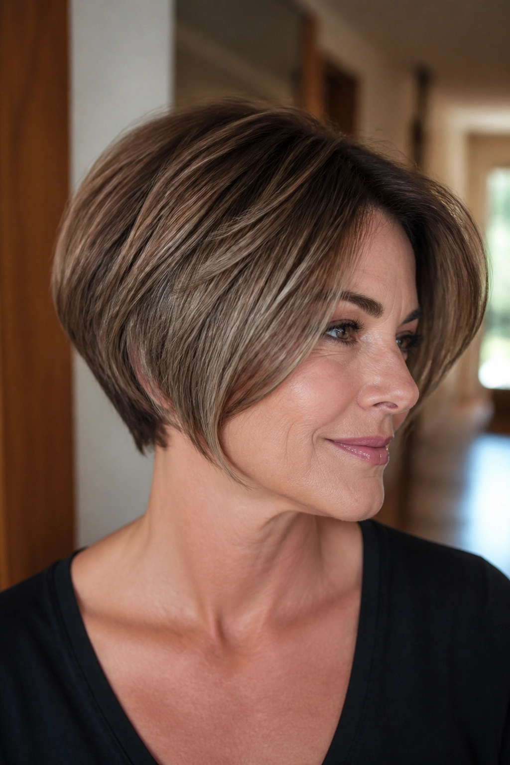 Close-up of a real woman with wedge bob and soft graduation under warm indoor light