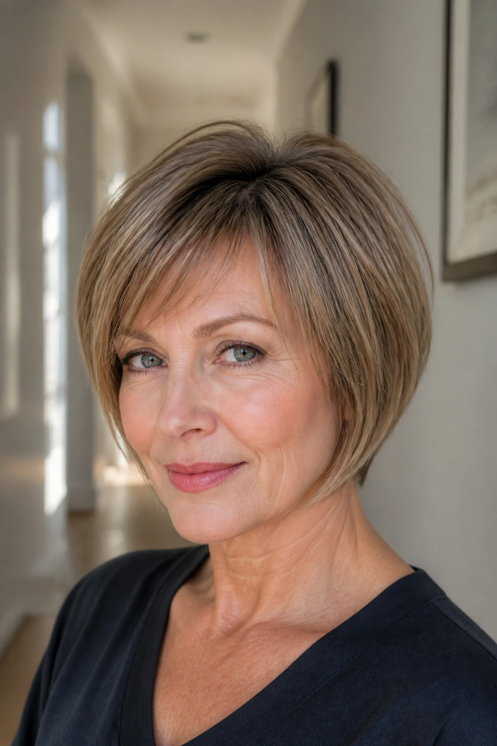 Close-up of a real woman with a wedge bob and lifted crown