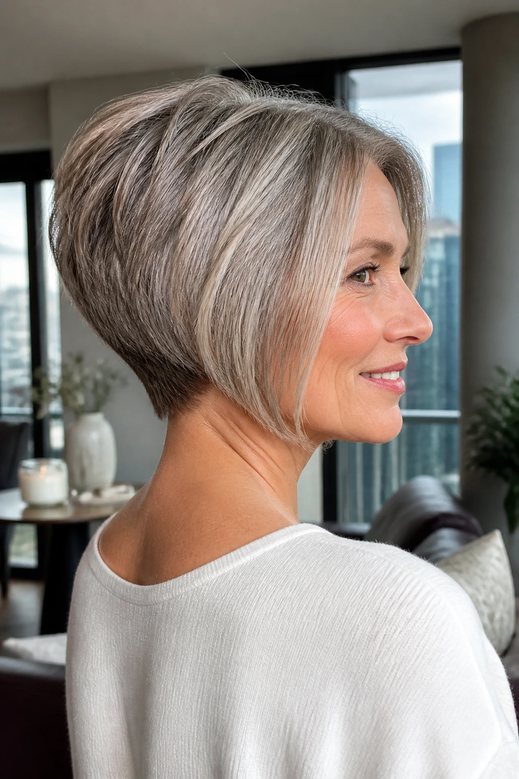 Portrait of real woman with wedge bob showing back stack and front length