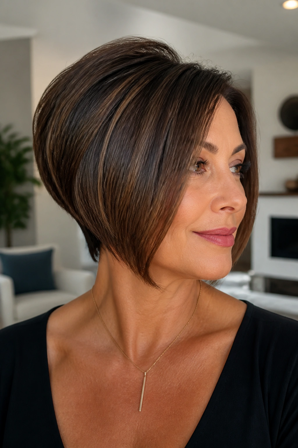 Close-up of a real woman with a wedge bob hairstyle in a cozy living room.