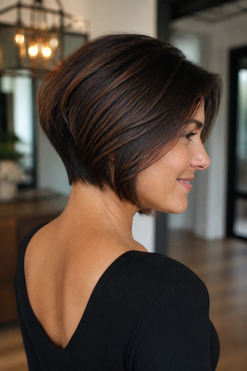 Three-quarter portrait of a real woman with a wedge bob showing lifted nape