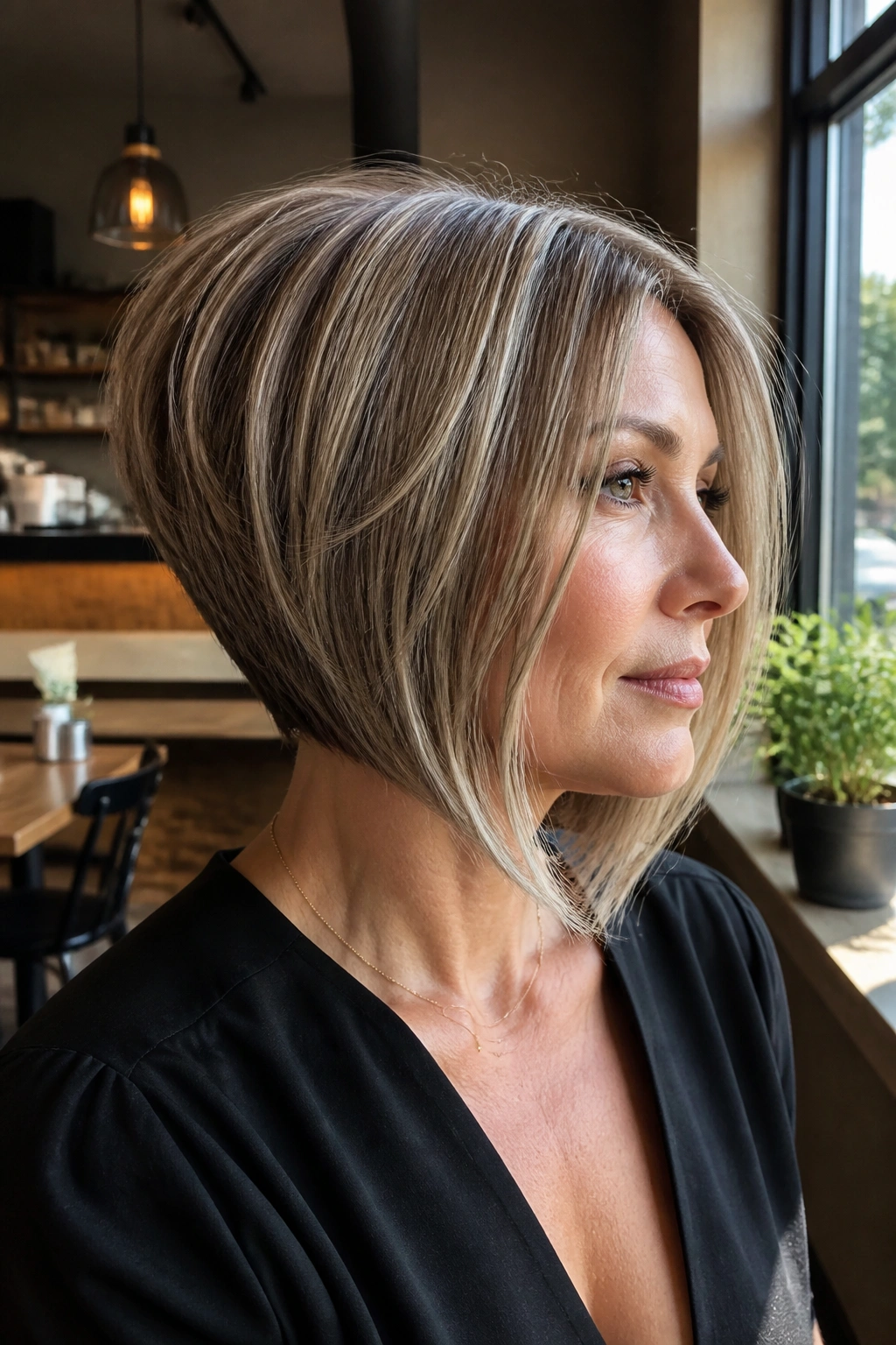 Portrait of a real woman with a wedge bob, stacked back and front longer pieces.