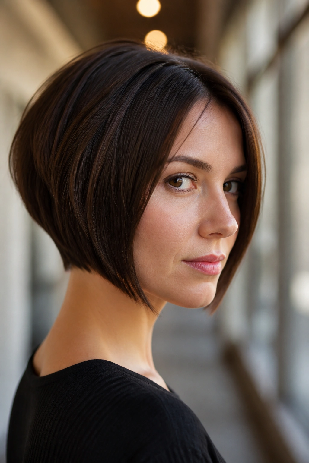 Close-up portrait of a real woman with a wedge bob.