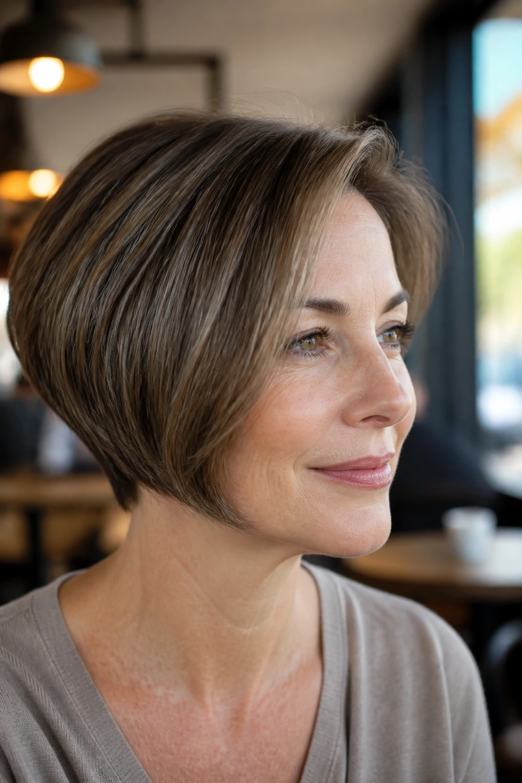 Close-up portrait of a real person with a wedge bob showing stacked back