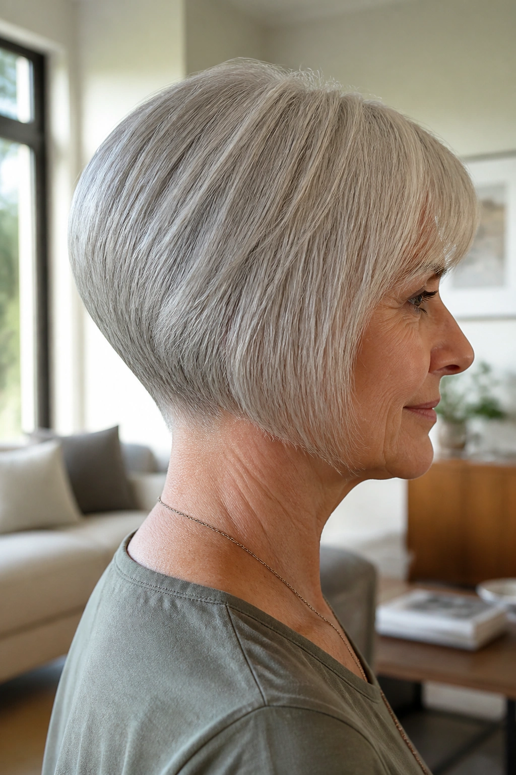 Close-up portrait of a real woman with wedge cut and clean back.