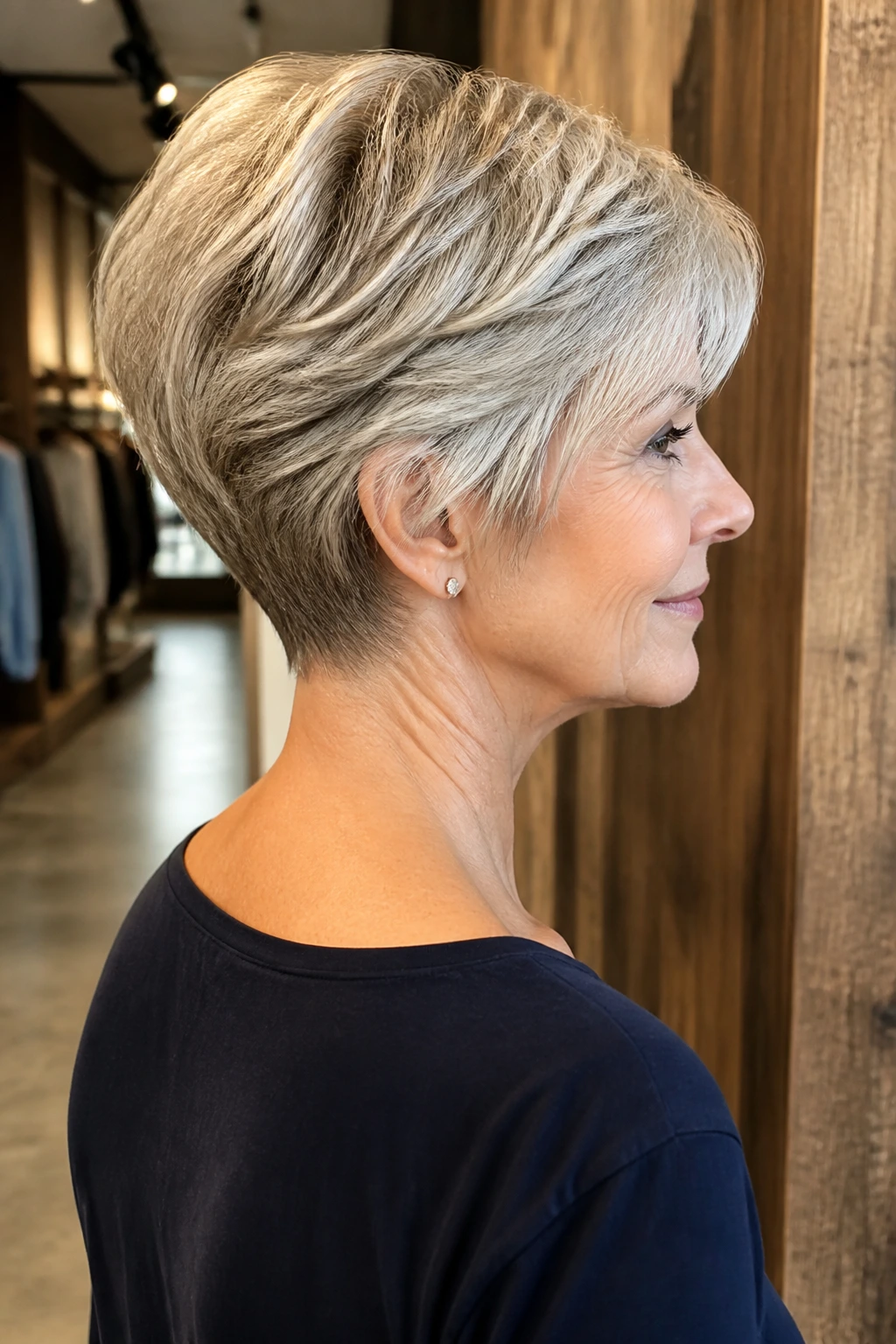 Profile portrait highlighting a wedge cut with sharp silhouette on a real woman