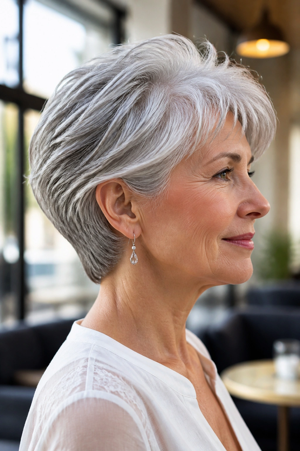 Close-up of a real woman with wedge cut and back fullness in natural light
