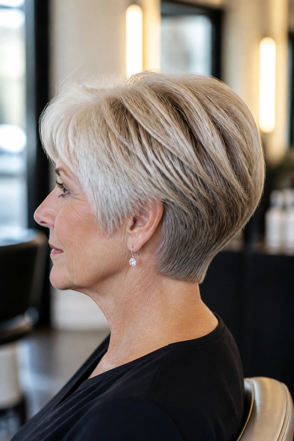 Side-profile of a real woman with a wedge-inspired cut and clean graduation.