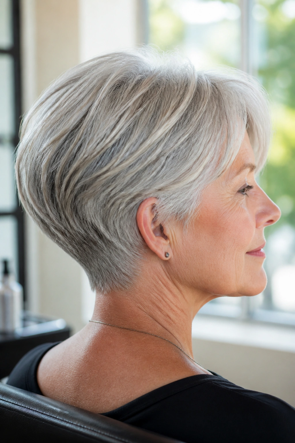 Close-up portrait of a real woman with a wedge cut and silver hair in a sunlit salon