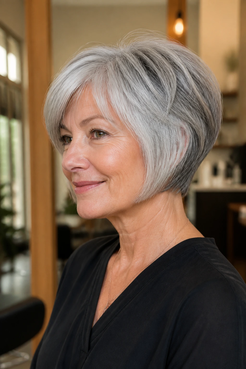 Portrait of a real woman with a wedge cut hairstyle in a warm salon setting.