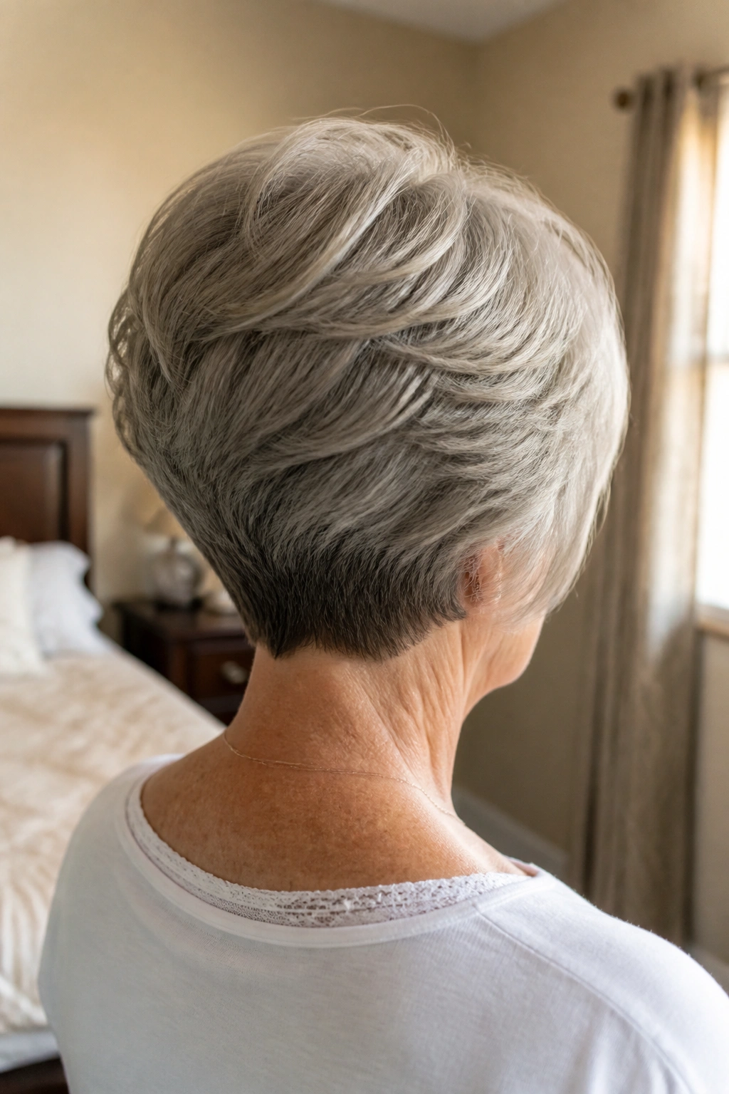 Back-of-head portrait of a real woman with a soft stacked wedge cut showing crown lift