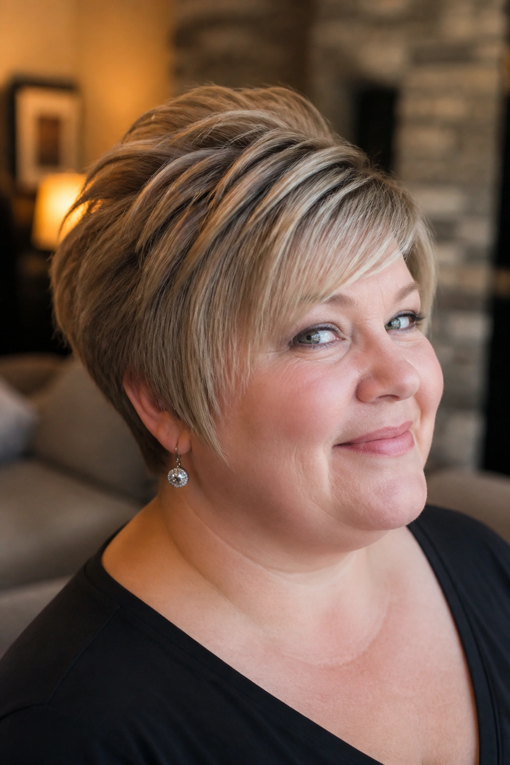 Close-up portrait of a real person with a wedge cut