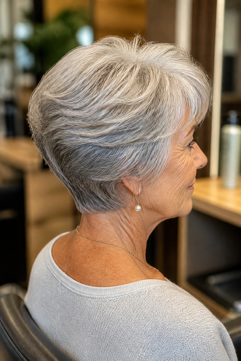 Portrait of a real woman with a wedge cut and stacked back, showing crown lift.