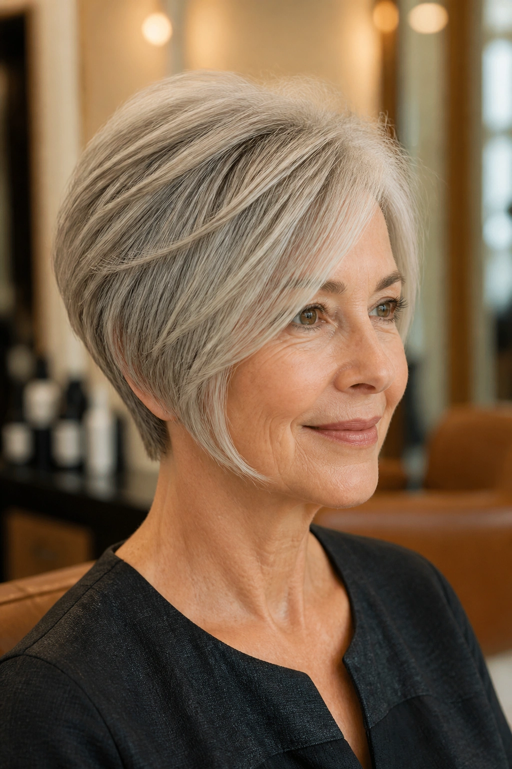 Close-up of a real woman with a short wedge cut showing crown lift and tapered nape in a warm salon.