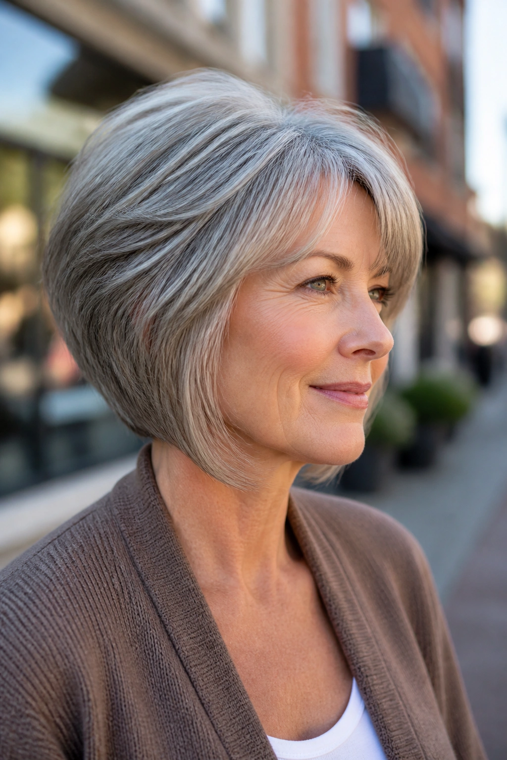 Close-up portrait of a real woman with a wedge-inspired medium cut