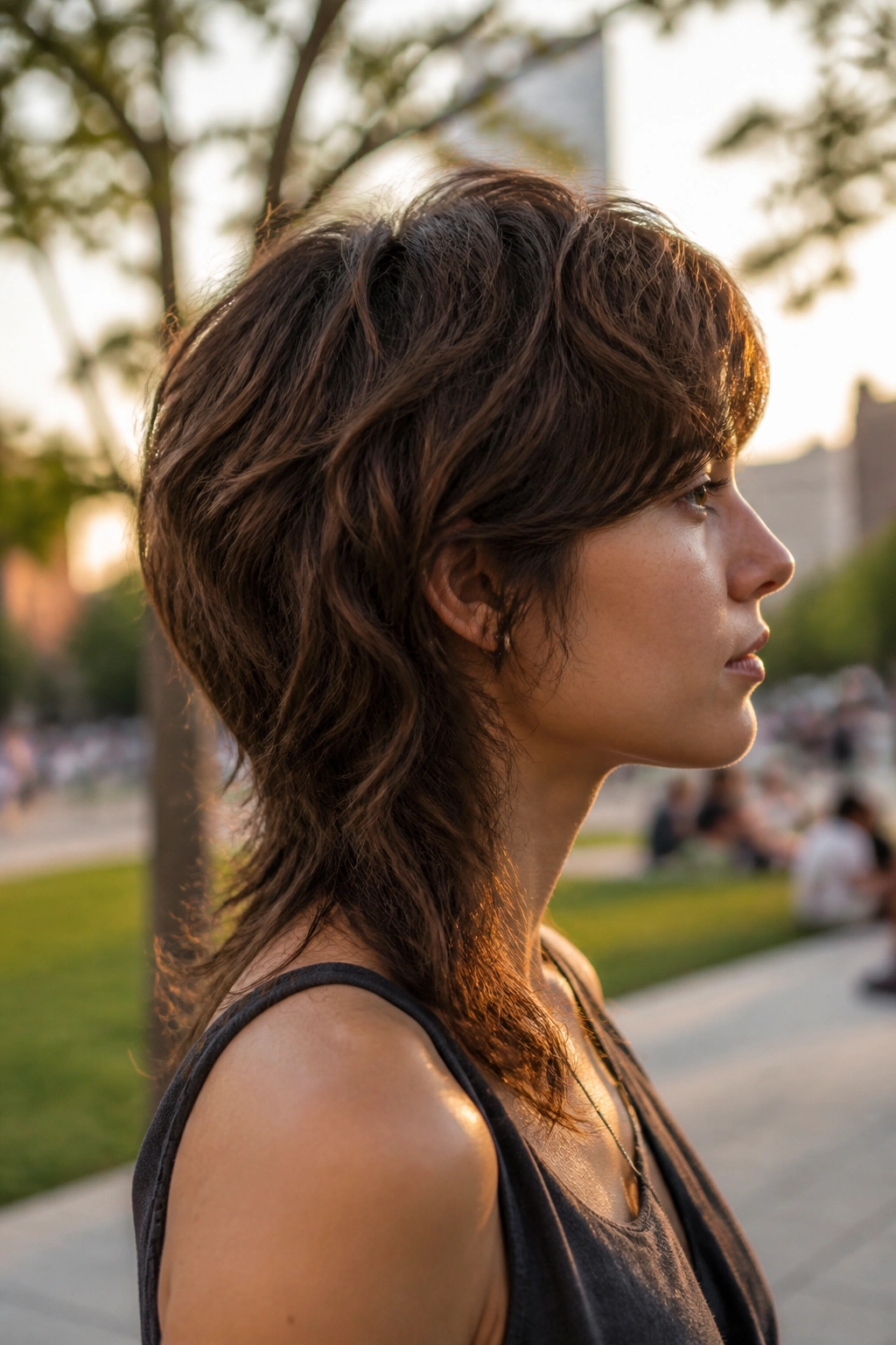 Side-profile of a real person with a wedge-shaped wolf cut
