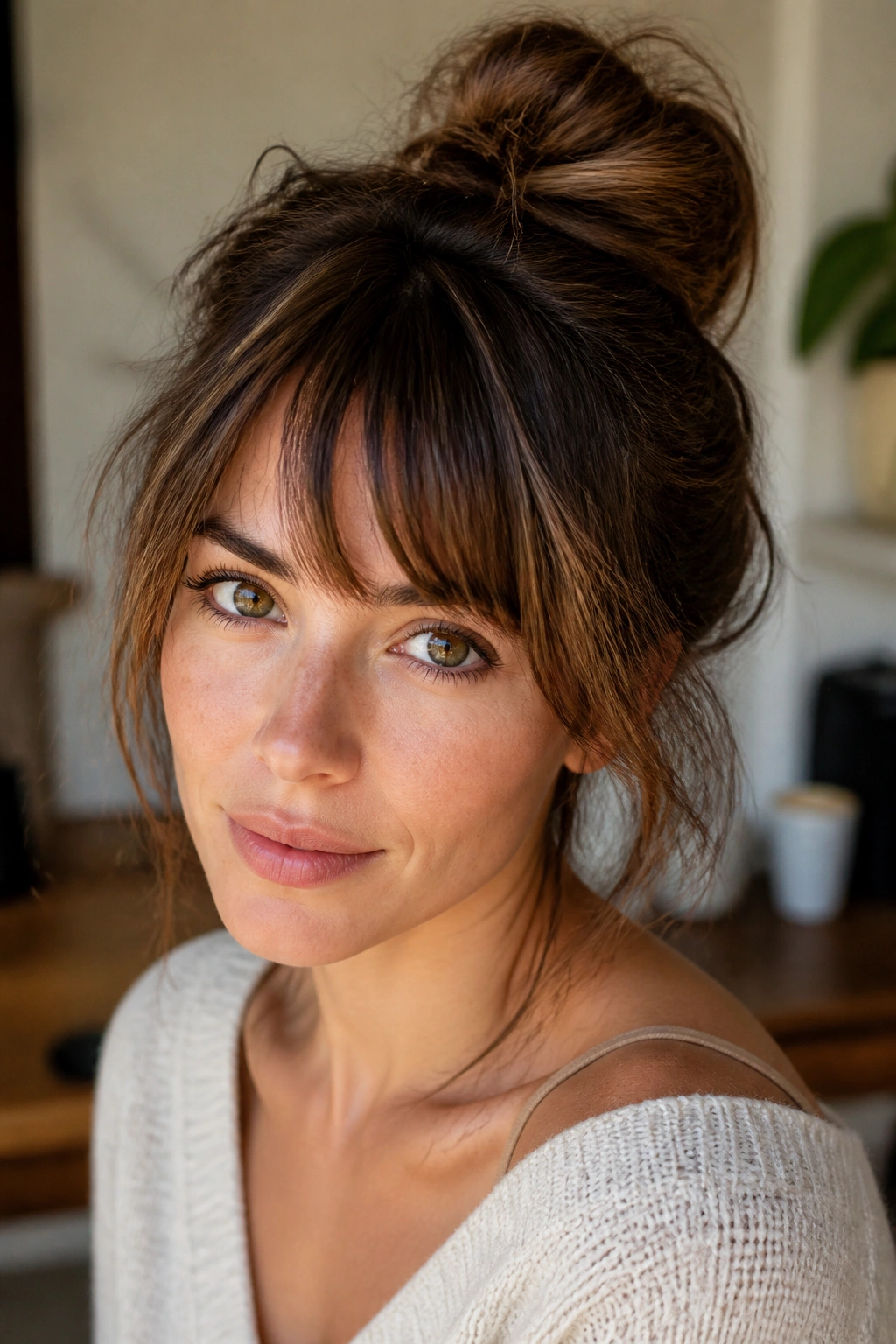Close-up of a woman with an easy weekend messy knot and bangs in a cozy home setting.