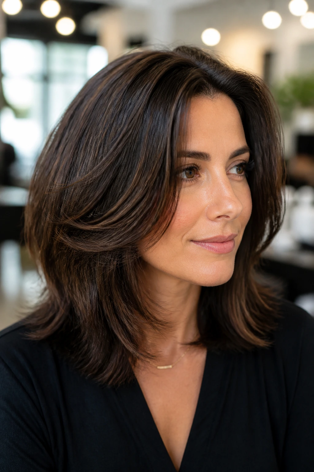 Close-up of thick shoulder-length hair with weight-removal step cut on real woman in a salon